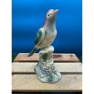 Vintage MCM Royal Copley Pink/Green Bird on Tree Stump Figurine- 6.25”